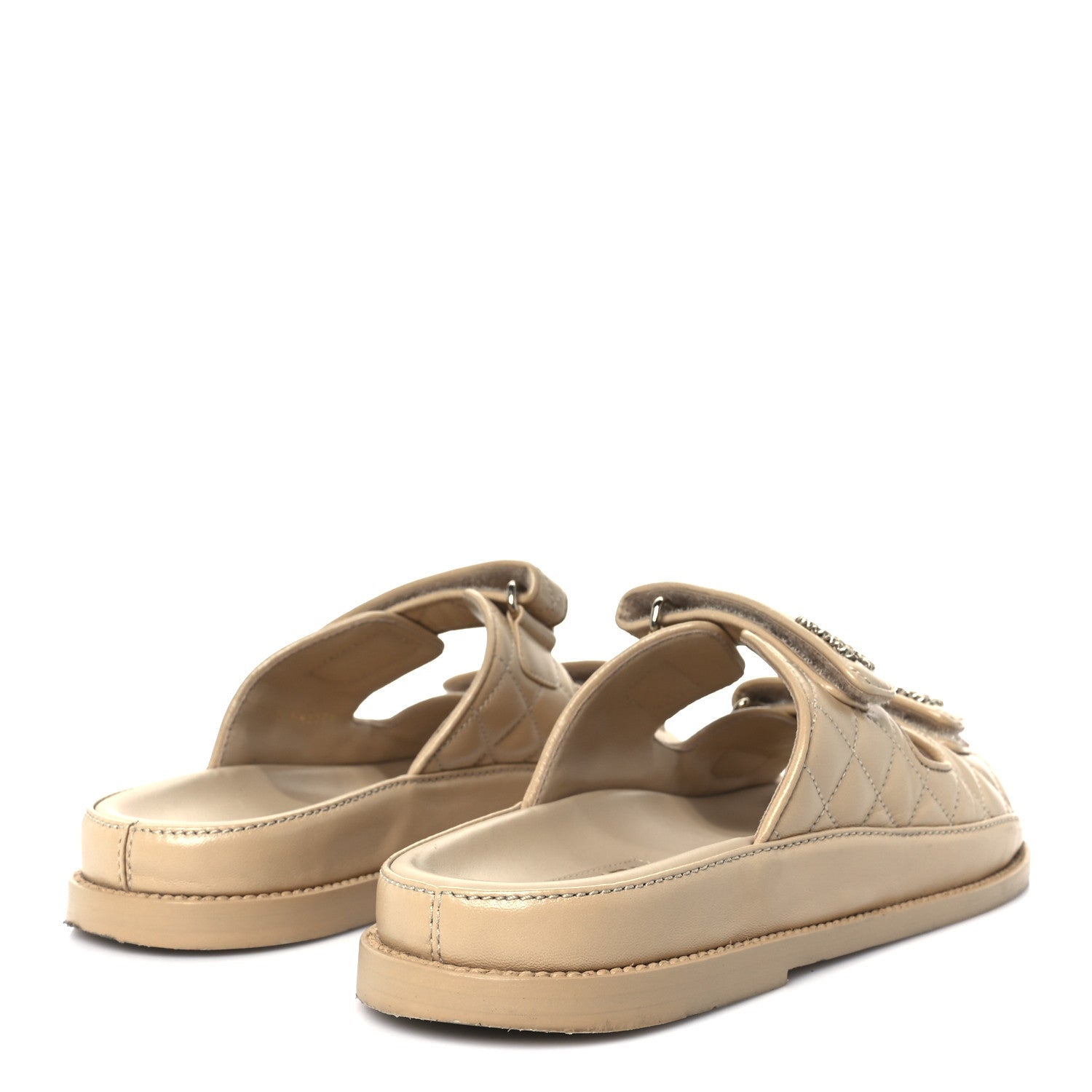 Lambskin Quilted Velcro Dad Chain CC Slide Sandals 39.5 Beige