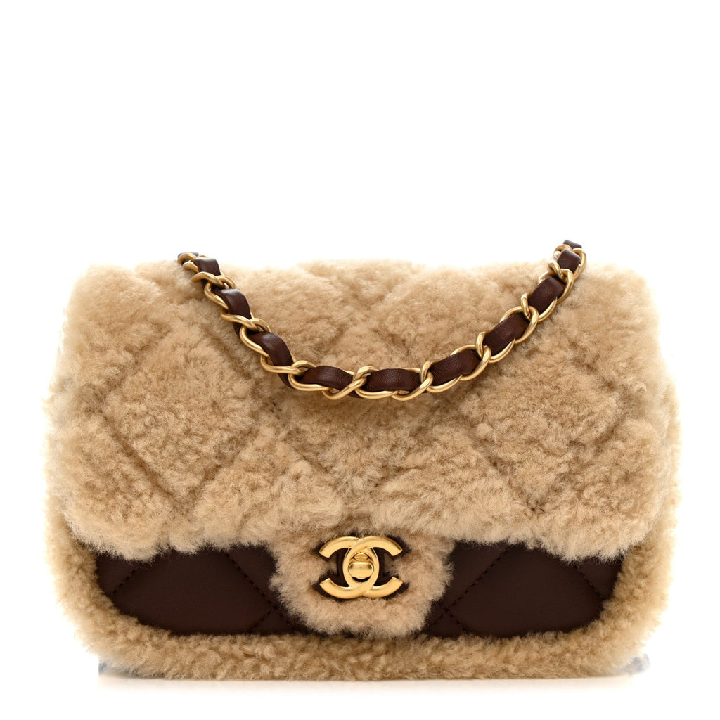 Chanel Shearling Lambskin Quilted Mini Furry Coco Flap Beige Dark Brown