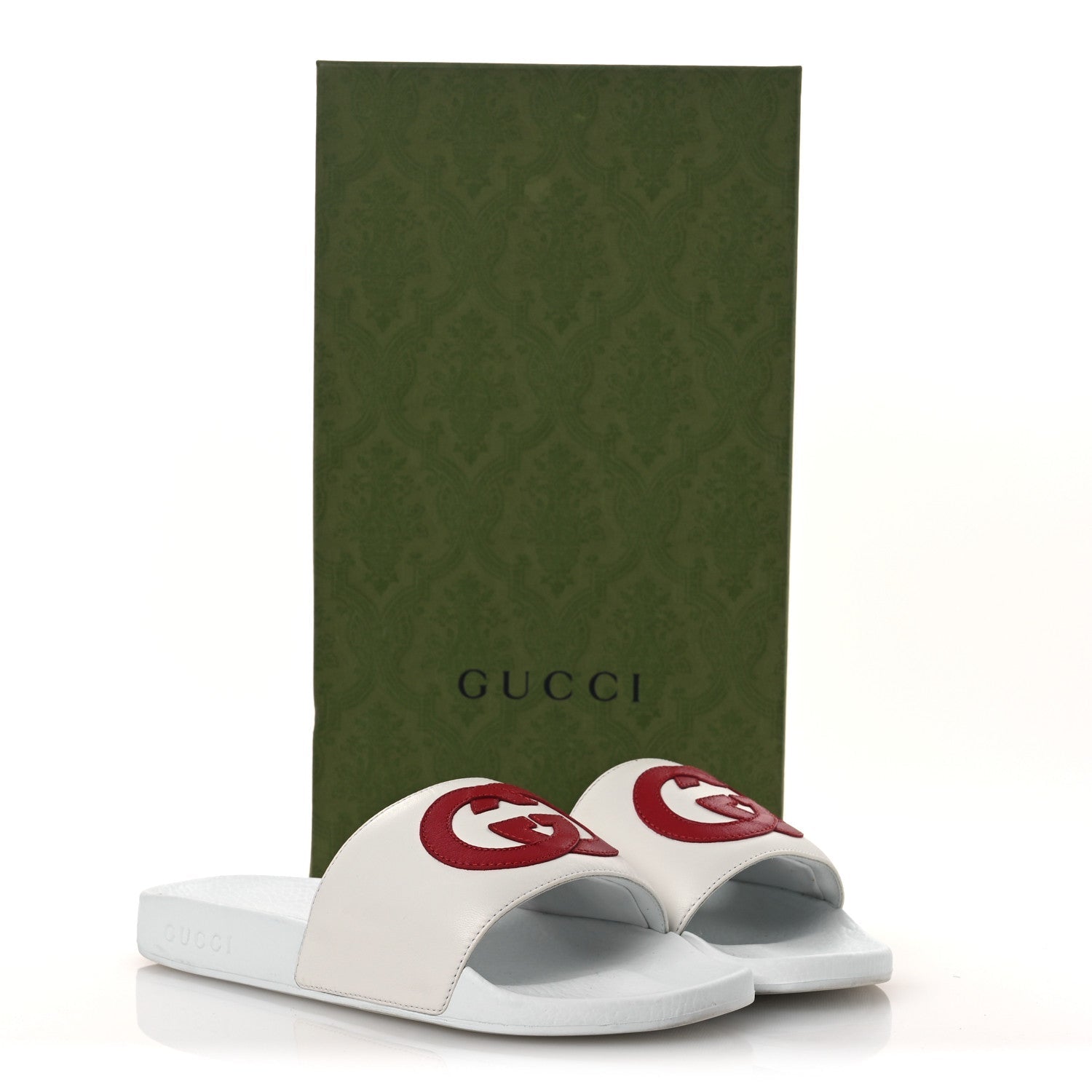 Gucci Nappa Miro Soft Calfskin Interlocking G Mens Slide Sandals 6 White Hibiscus Red