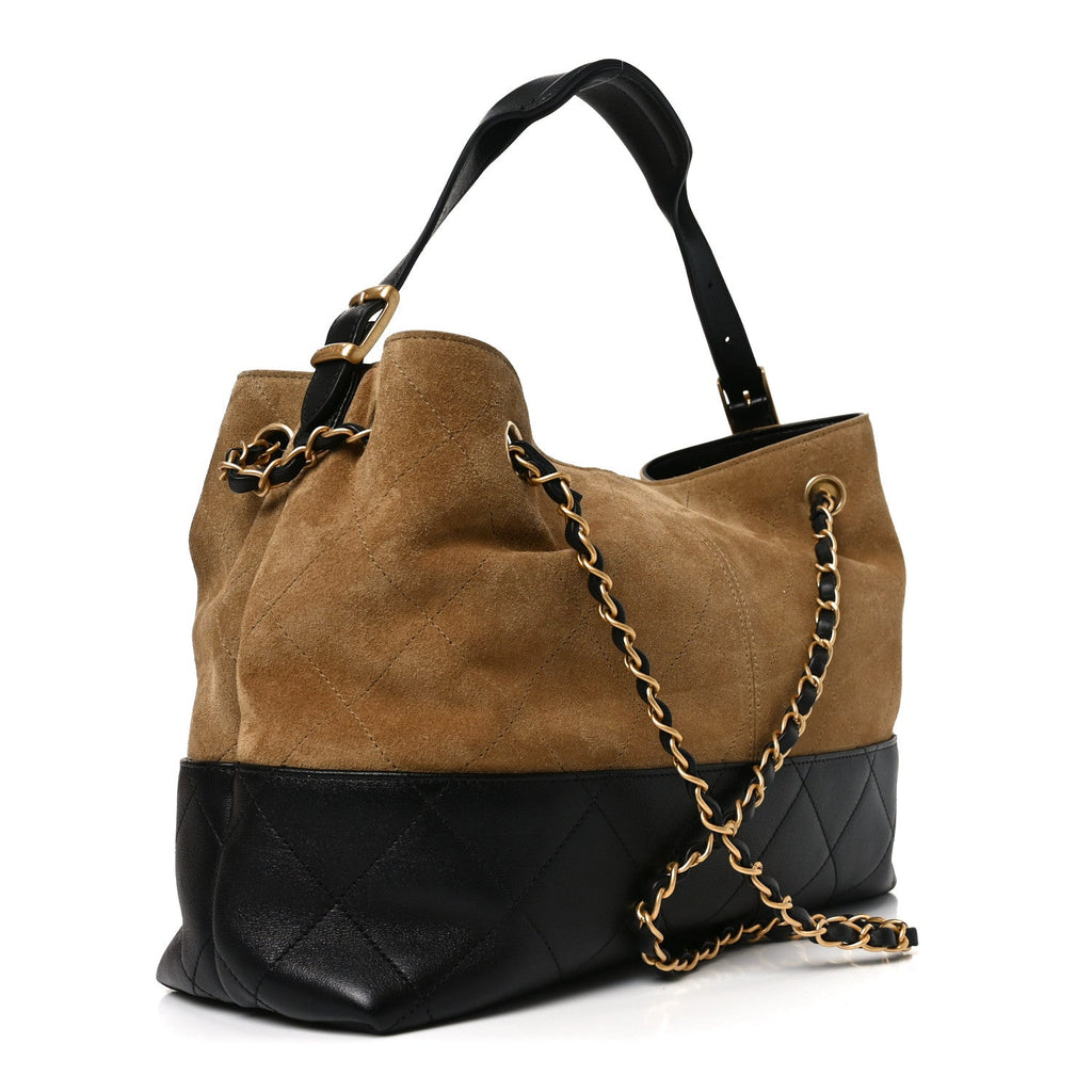 Chanel Suede Calfskin Shiny Lambskin Quilted Small Coco Base Shopping Bag Beige Black