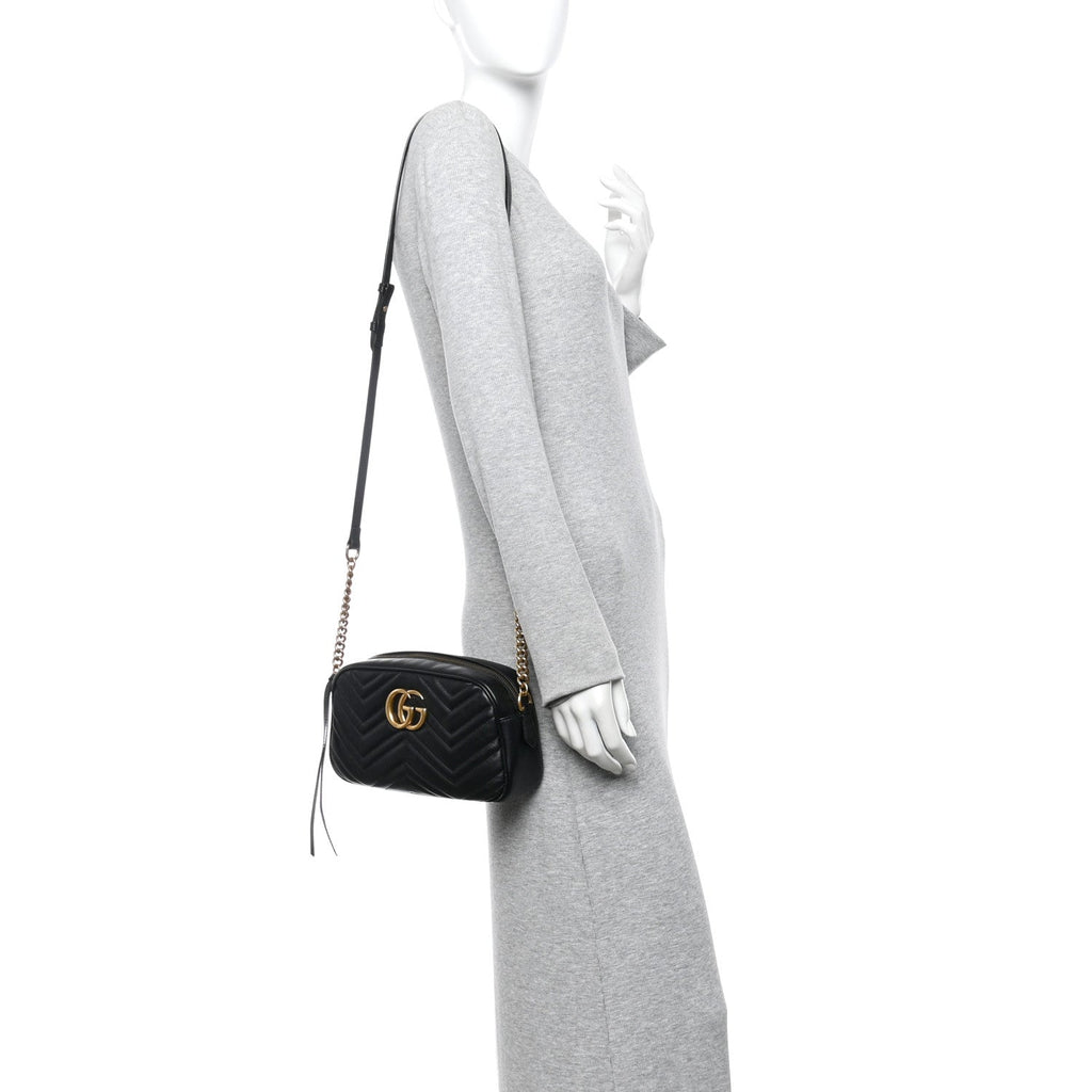 Gucci Calfskin Matelasse Small GG Marmont Chain Shoulder Bag Black