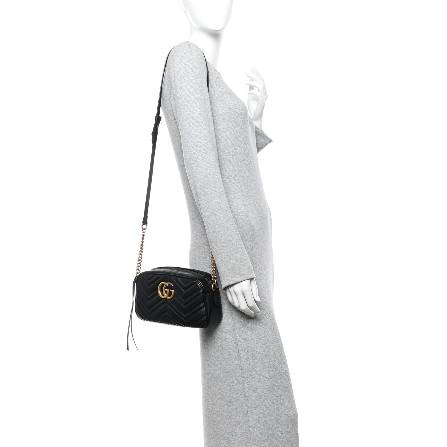 Gucci Calfskin Matelasse Small GG Marmont Chain Shoulder Bag Black