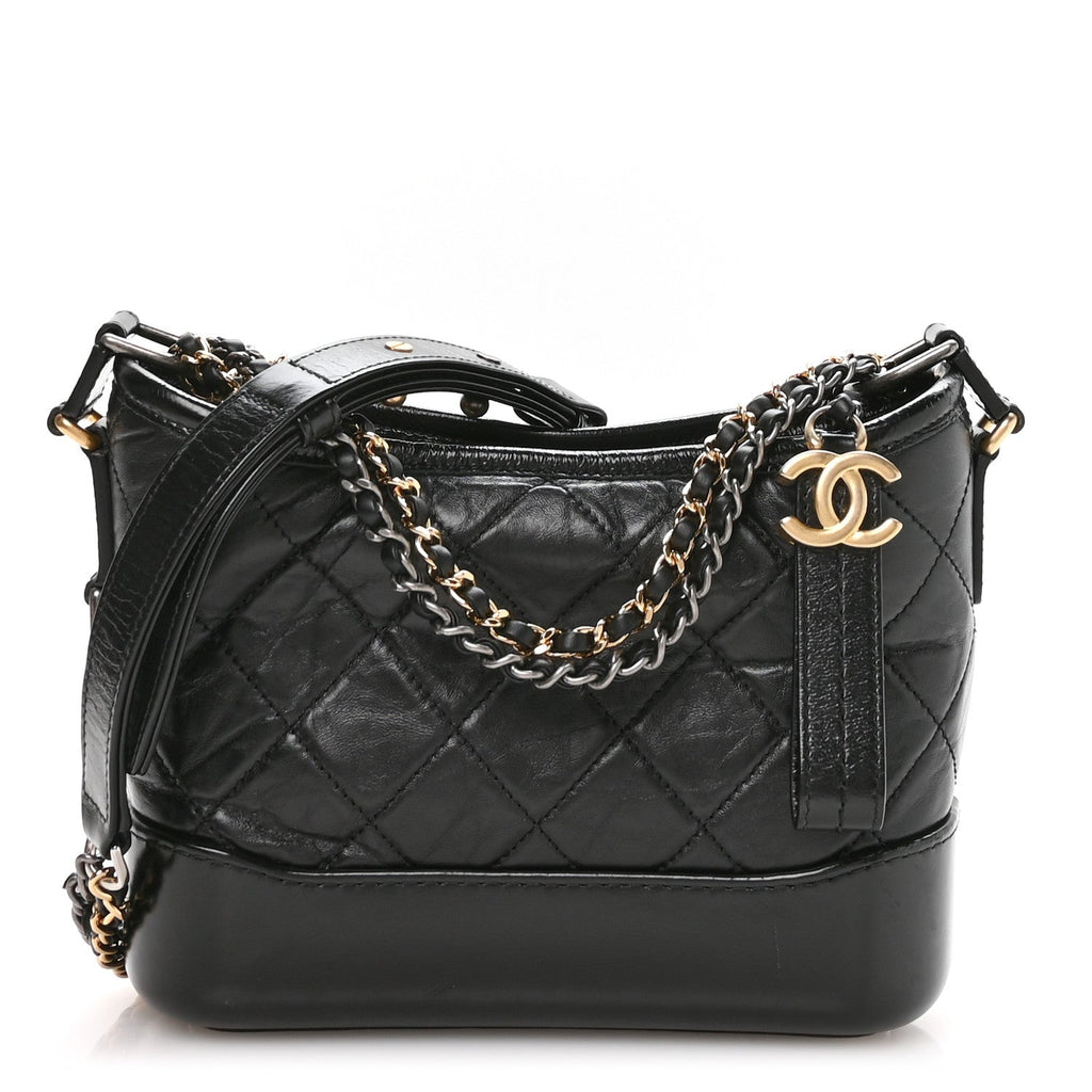 Chanel Aged Calfskin Quilted Small Gabrielle Logo Hobo Black