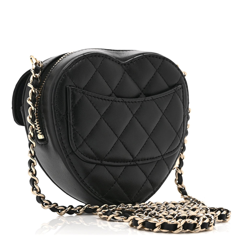 Chanel Lambskin Quilted CC In Love Heart Clutch With Chain Black