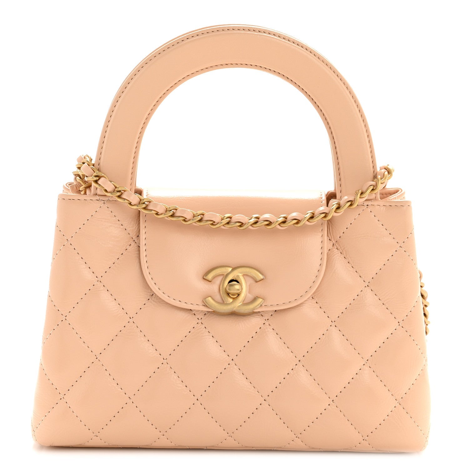 Chanel Shiny Aged Calfskin Quilted Nano Kelly Shopper Beige