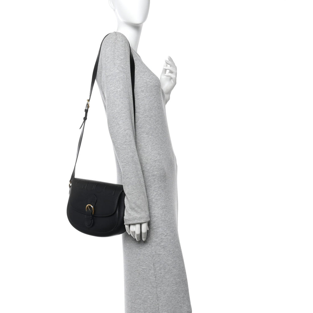 Gucci Charisma Calfskin Gucci Embossed Shoulder Flap Bag Black