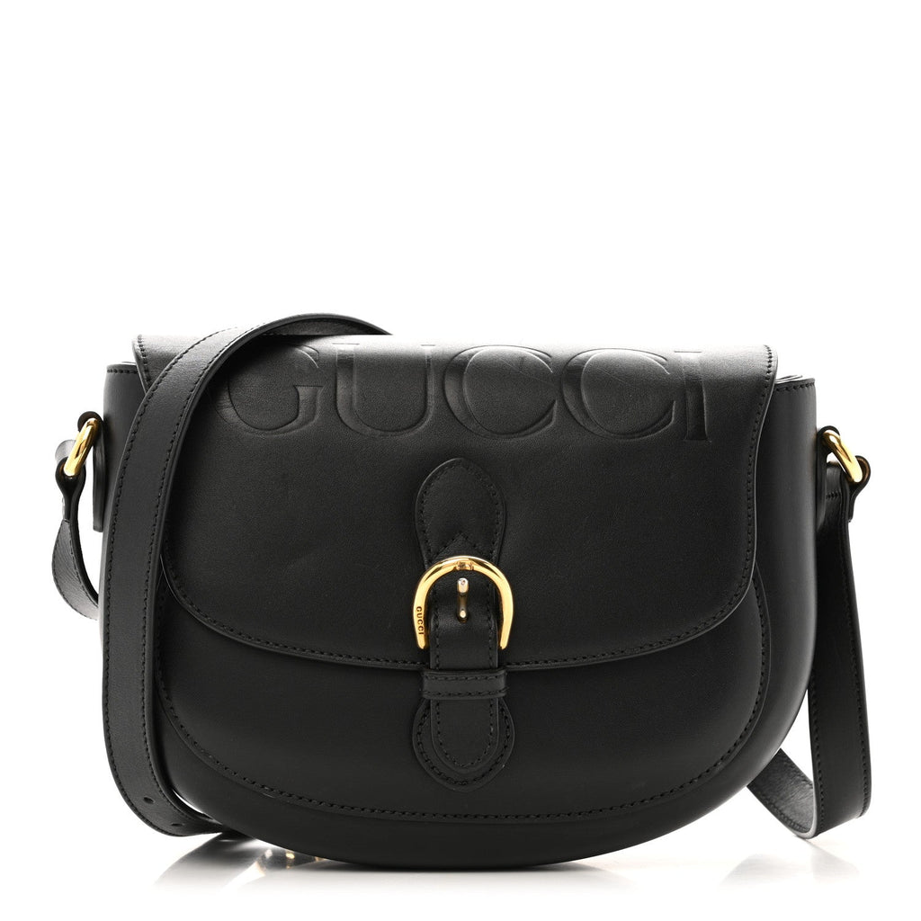 Gucci Charisma Calfskin Gucci Embossed Shoulder Flap Bag Black
