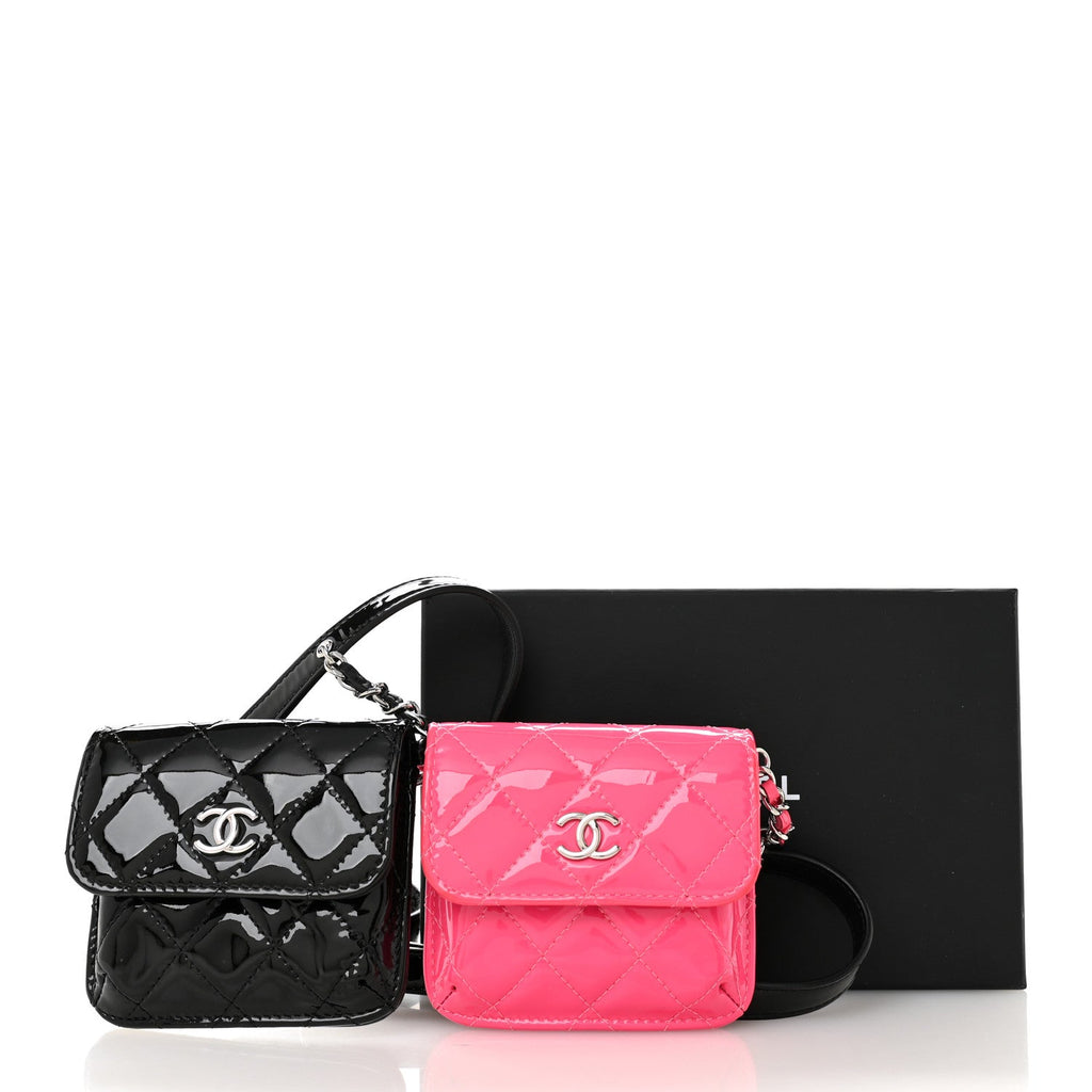 Patent Quilted Belt In Love Double Mini Flap Waist Bag Black Pink