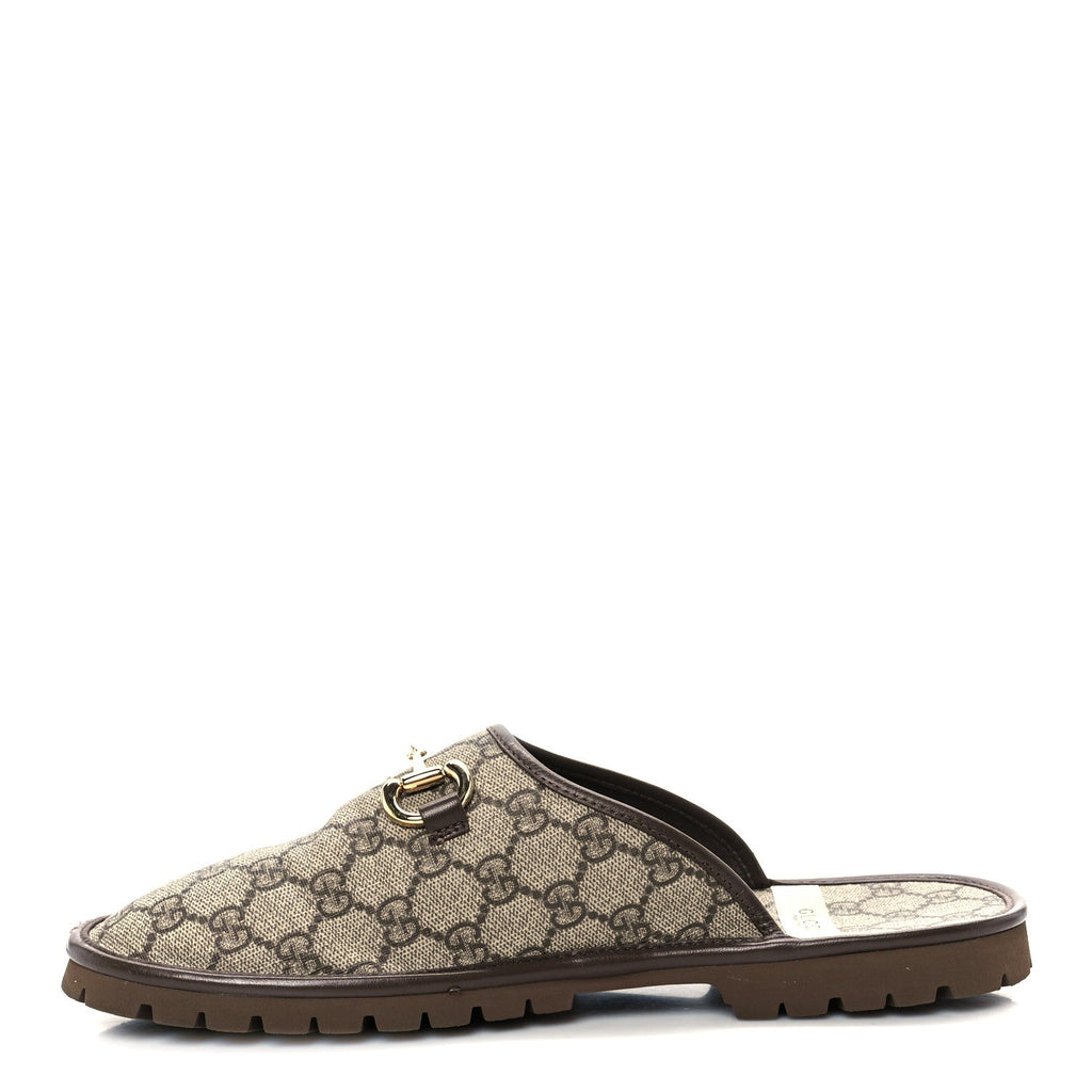 Gucci GG Supreme Monogram Miro Soft Calfskin Men's Horsebit Slippers 10 Beige Ebony New Acero