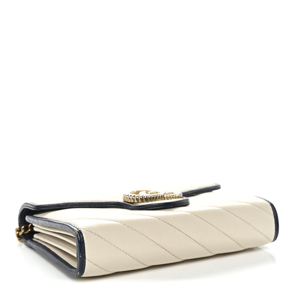 Gucci Vintage Effect Calfskin Matelasse Diagonal Torchon GG Marmont Chain Wallet Mystic White Blue Agata