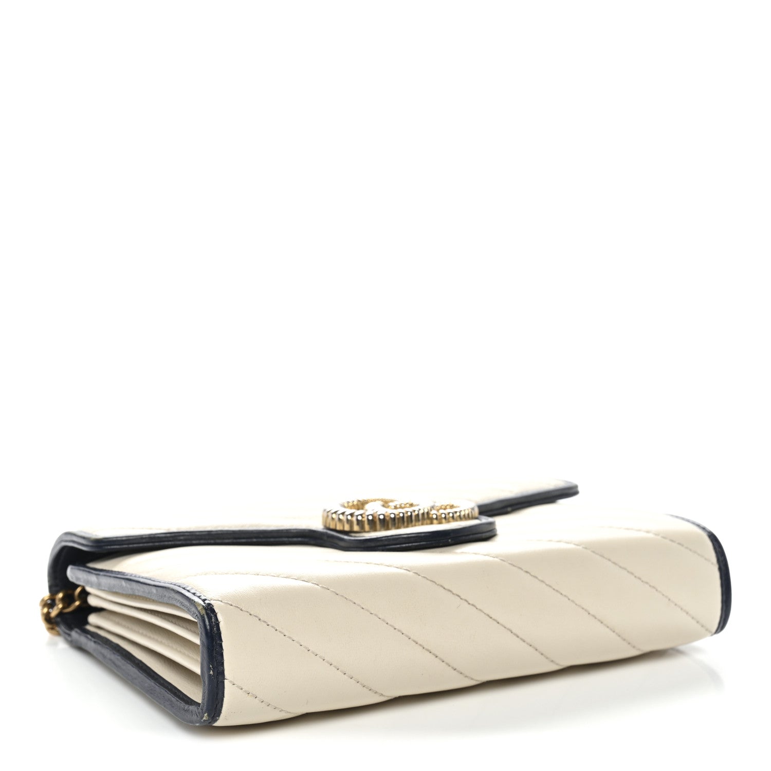 Gucci Vintage Effect Calfskin Matelasse Diagonal Torchon GG Marmont Chain Wallet Mystic White Blue Agata