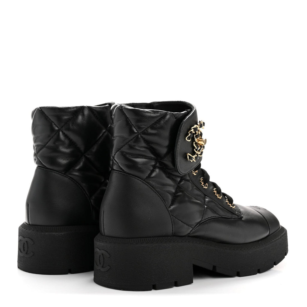 Lambskin Calfskin Quilted Lace Up Combat Boots 38 Black
