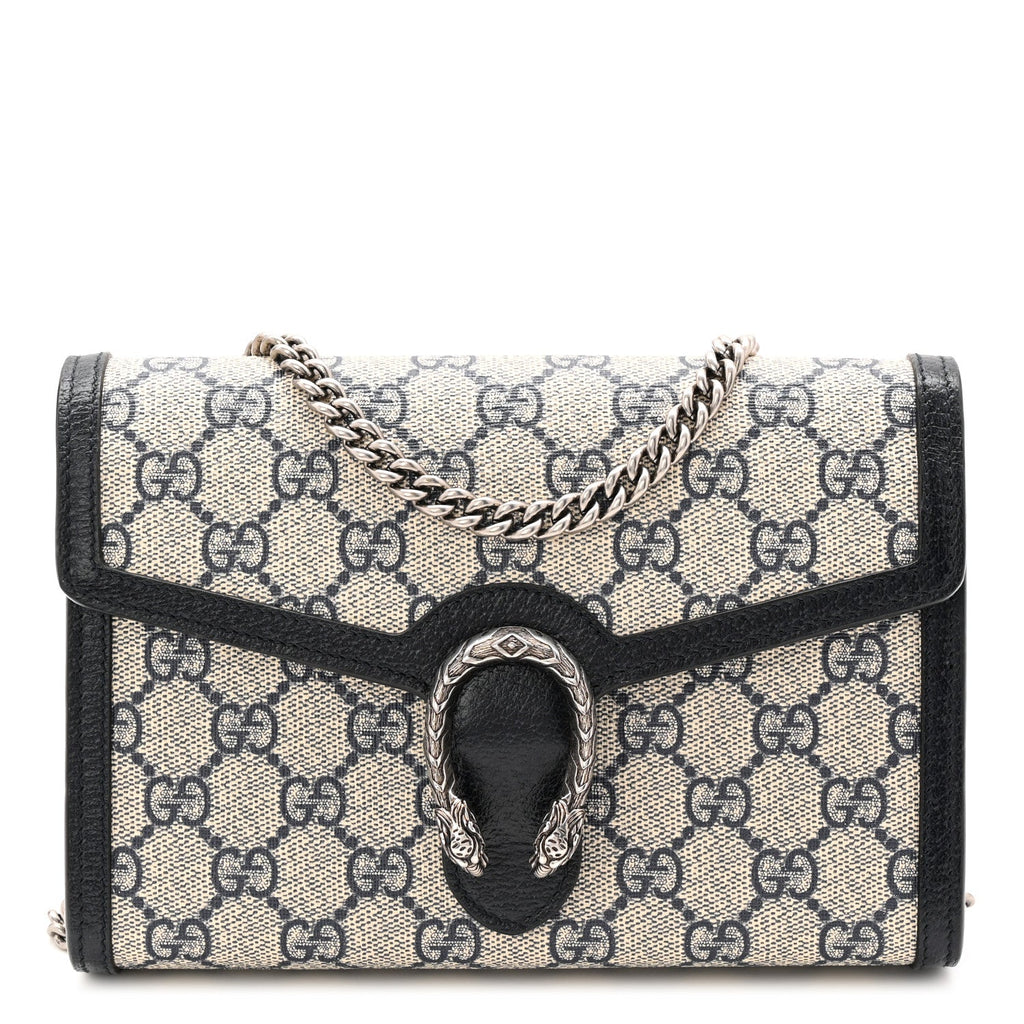 Gucci GG Supreme Monogram Textured Dollar Calfskin Mini Dionysus Chain Wallet Beige Blue