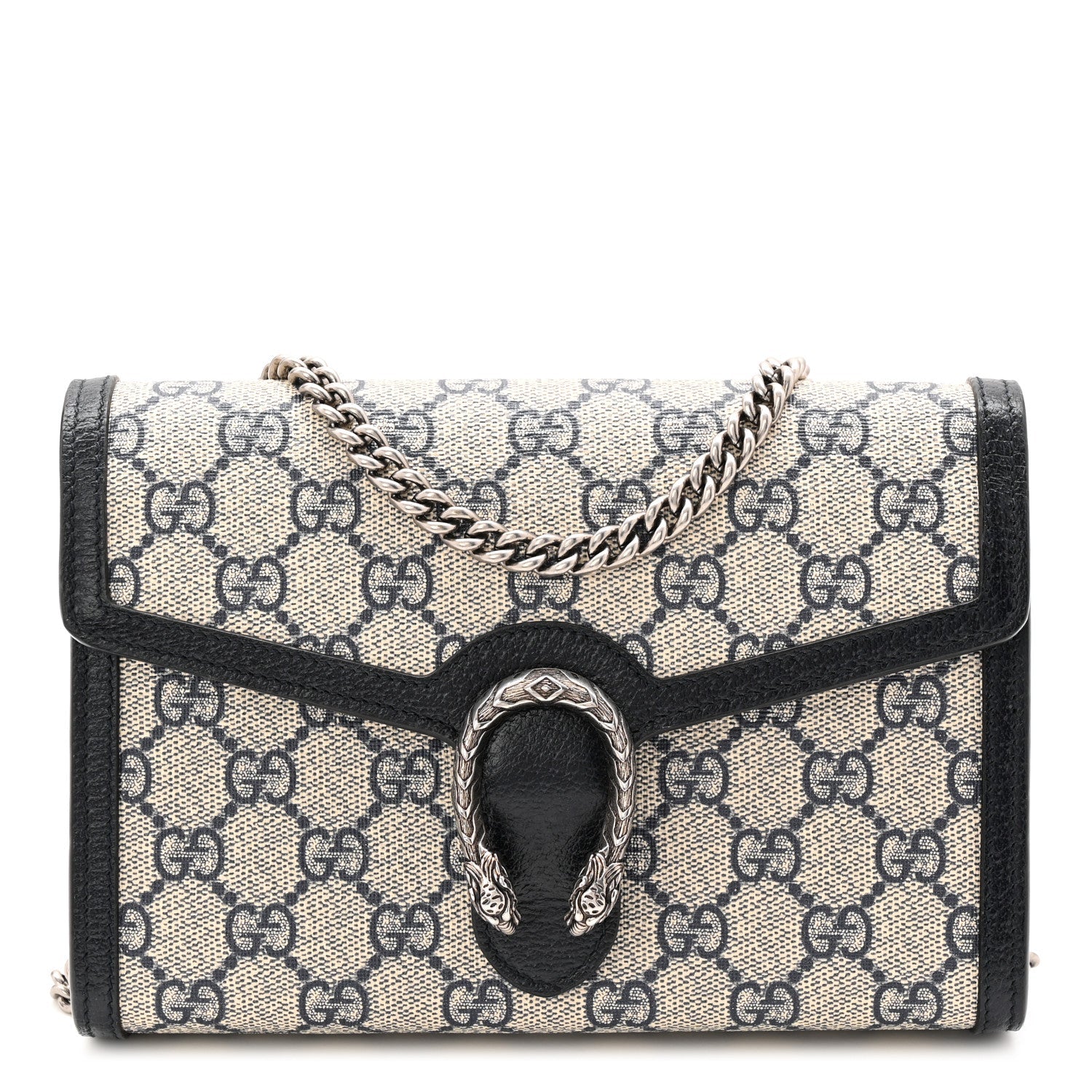 Gucci GG Supreme Monogram Textured Dollar Calfskin Mini Dionysus Chain Wallet Beige Blue