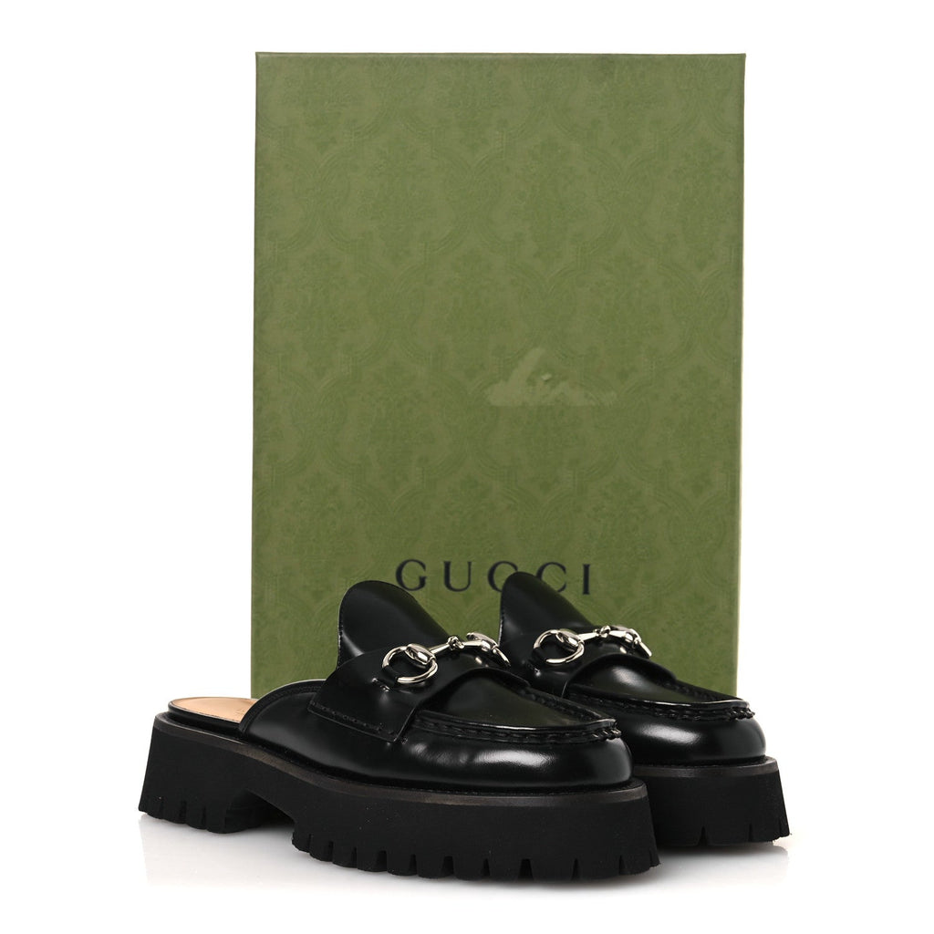 Gucci Cordovan Lux Womens Sylke Horsebit Platform Mules 37 Black