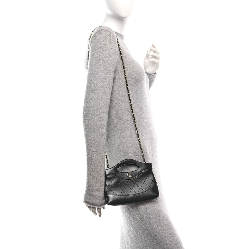 Chanel Shiny Crumpled Calfskin Quilted Nano 31 Shopping Bag Black