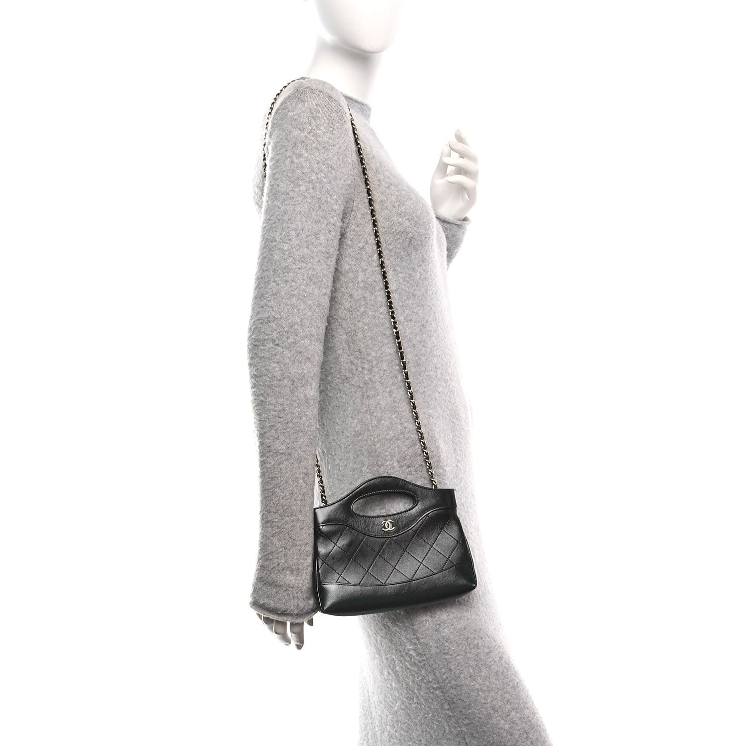 Chanel Shiny Crumpled Calfskin Quilted Nano 31 Shopping Bag Black