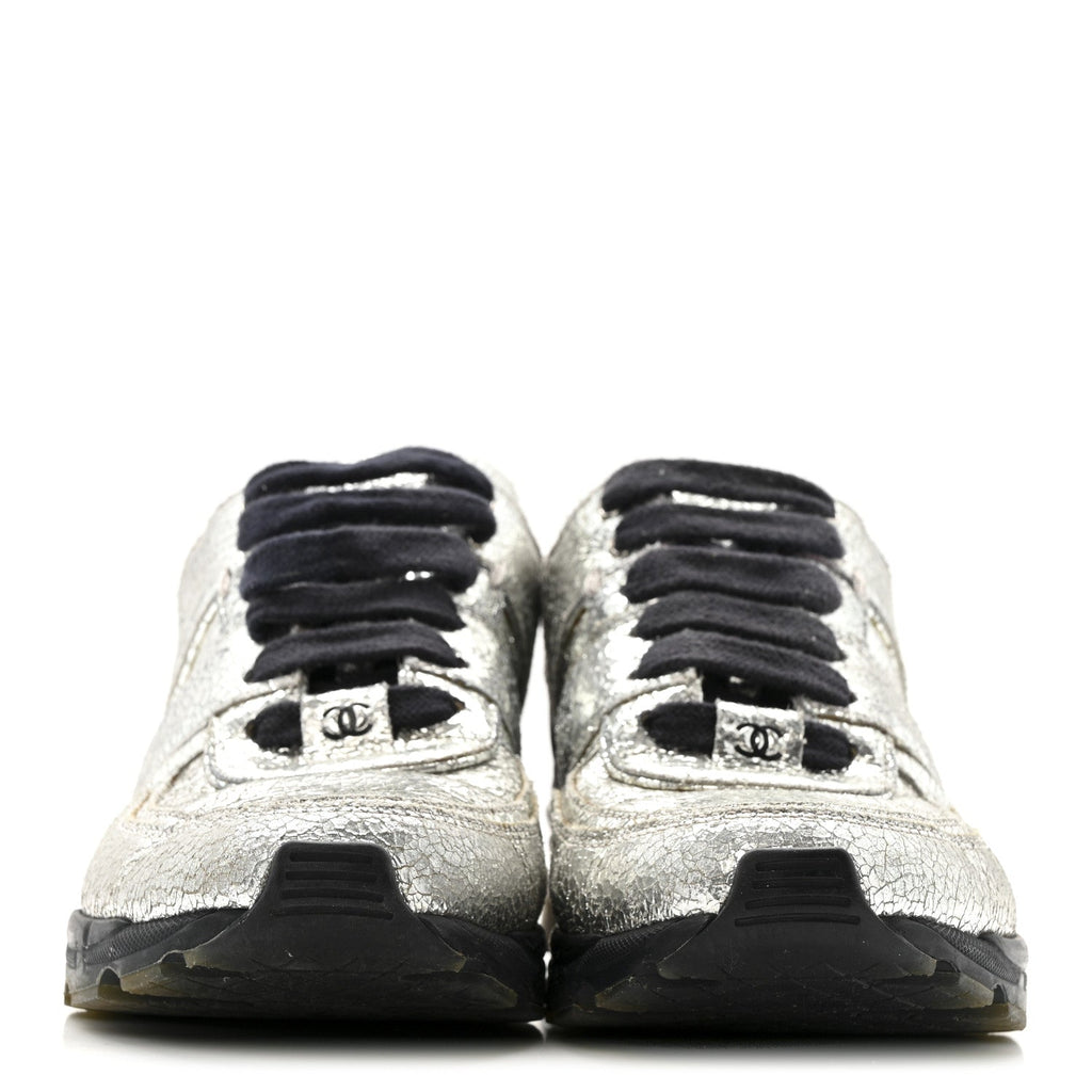 Metallic Crackled Calfskin CC Sneakers 36 Silver Black Navy