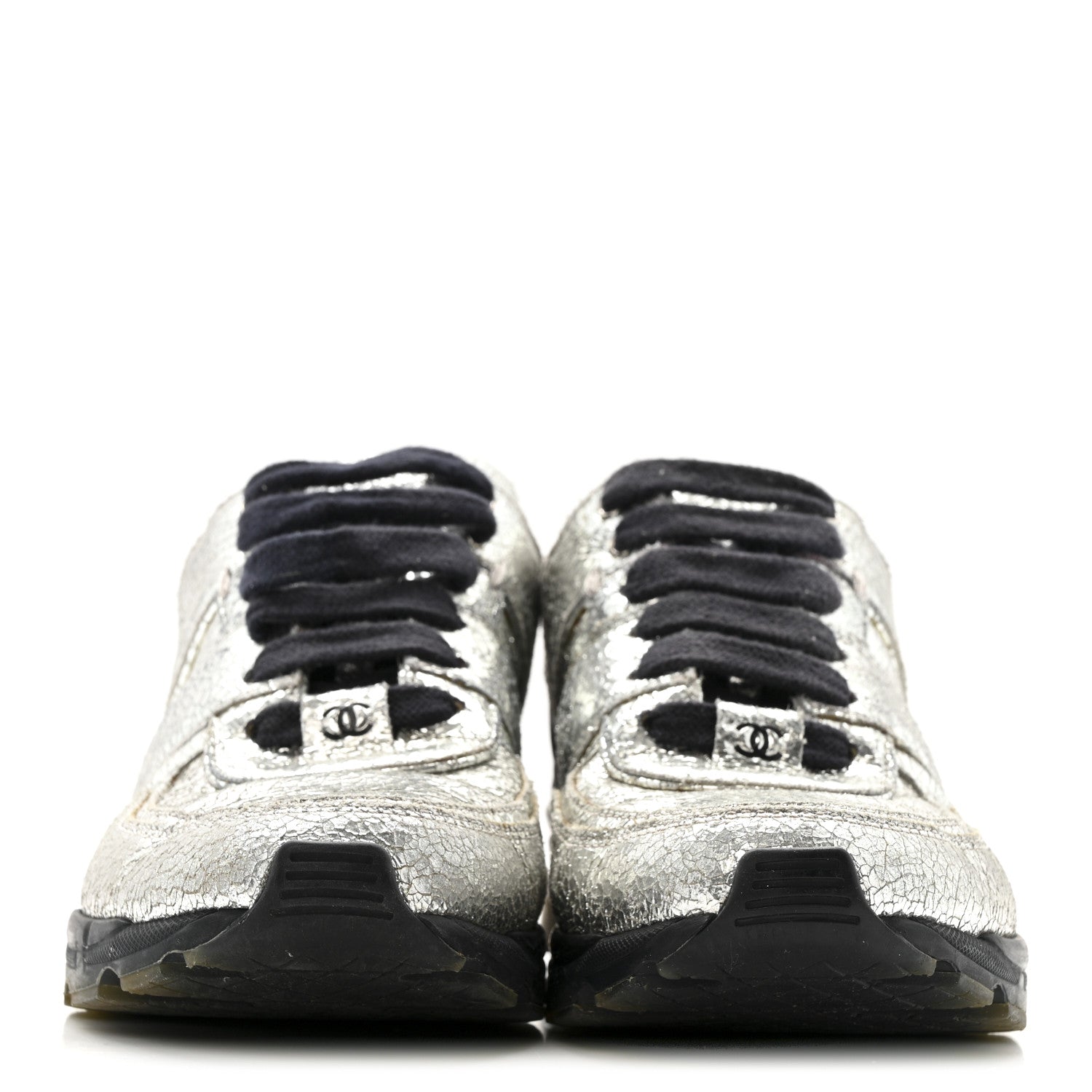 Metallic Crackled Calfskin CC Sneakers 36 Silver Black Navy