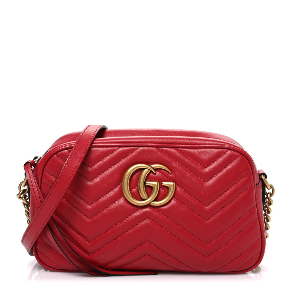 Gucci Calfskin Matelasse Small GG Marmont Chain Shoulder Bag Hibiscus Red