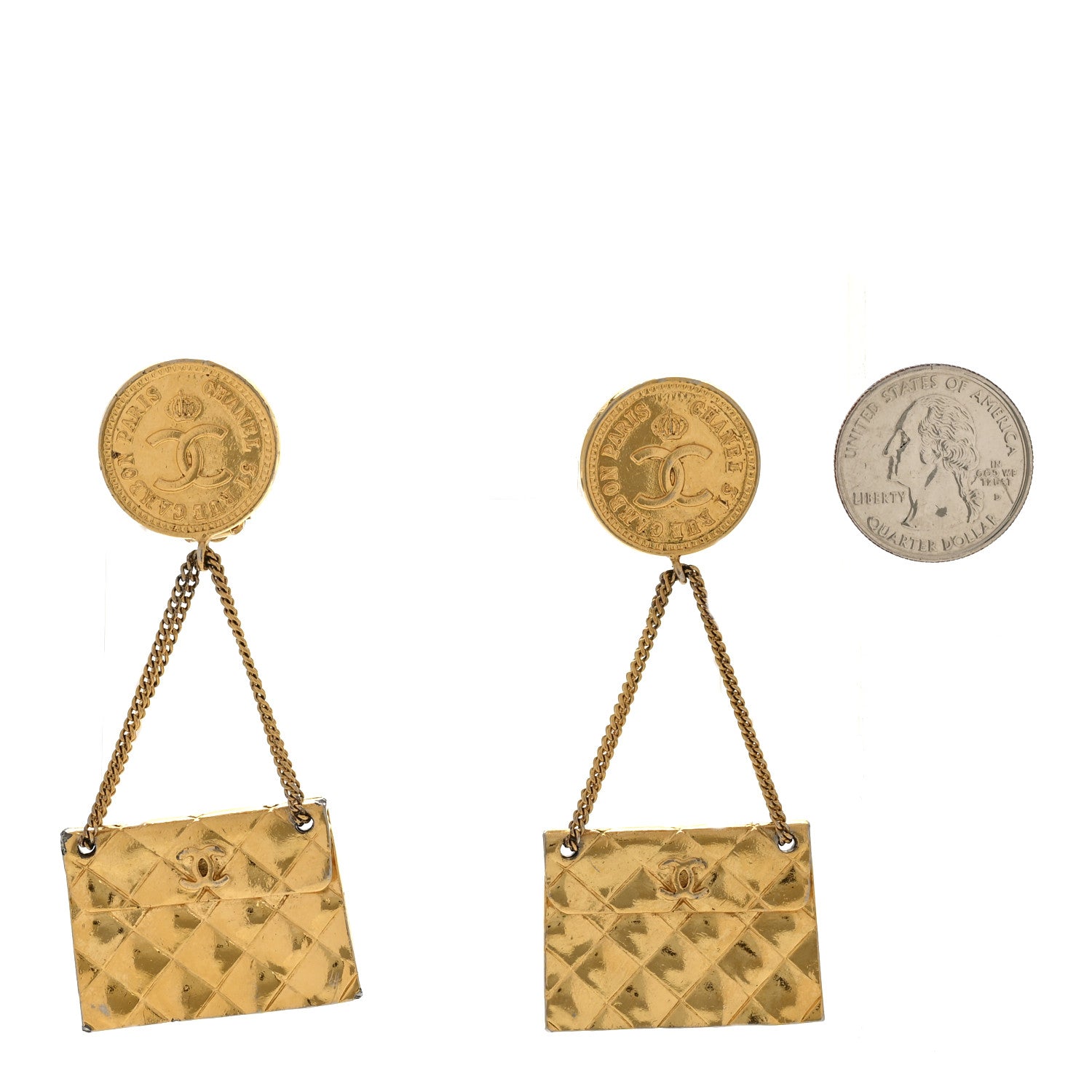 CC Quilted Flap Bag Drop Clip On Earrings Gold