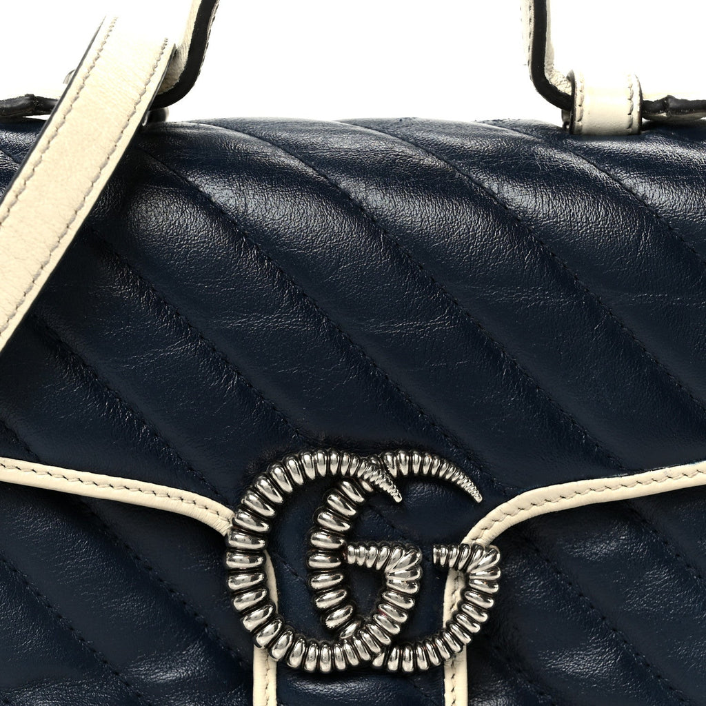 Gucci Vintage Effect Calfskin Matelasse Diagonal Mini Torchon GG Marmont Top Handle Shoulder Bag Blue Agata Mystic White