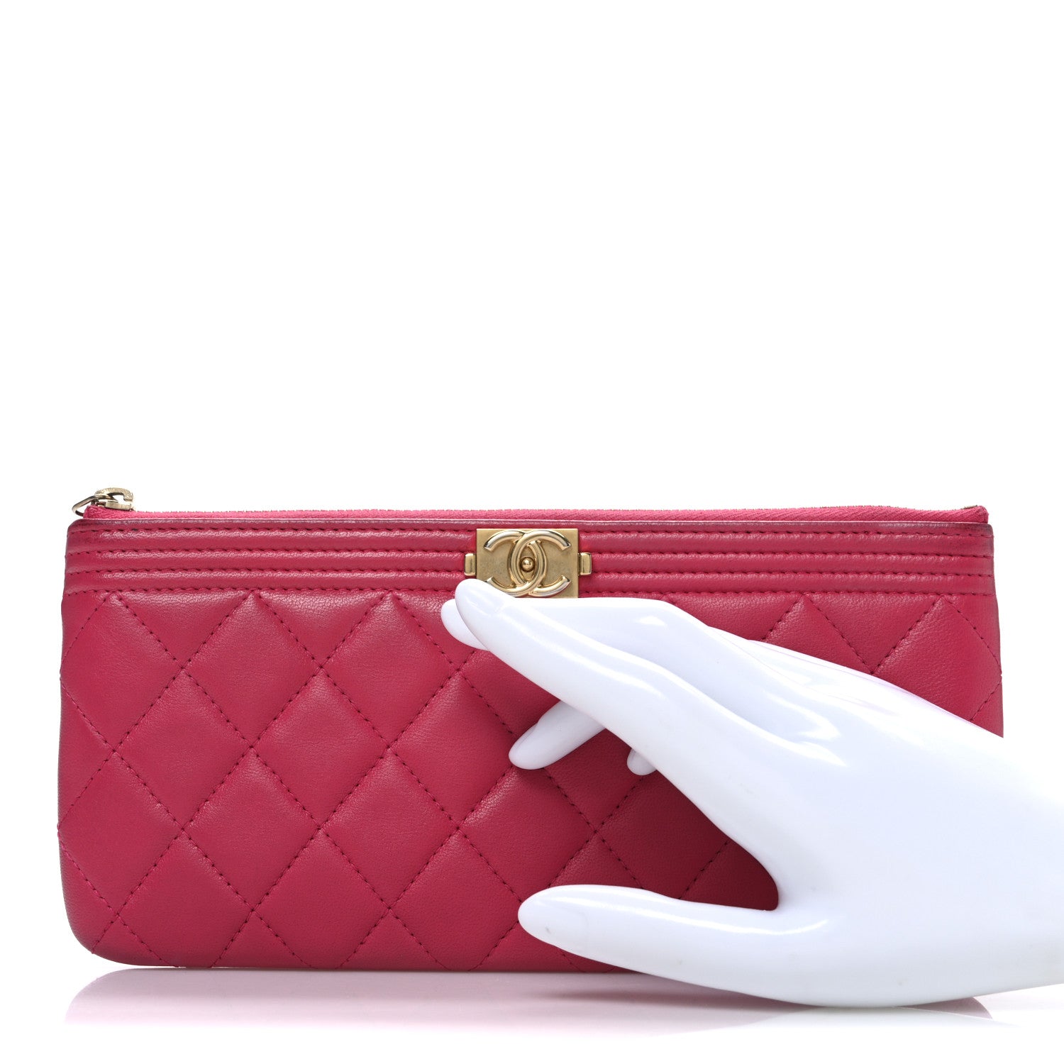 Lambskin Quilted Small Boy Zipped Pouch Dark Pink