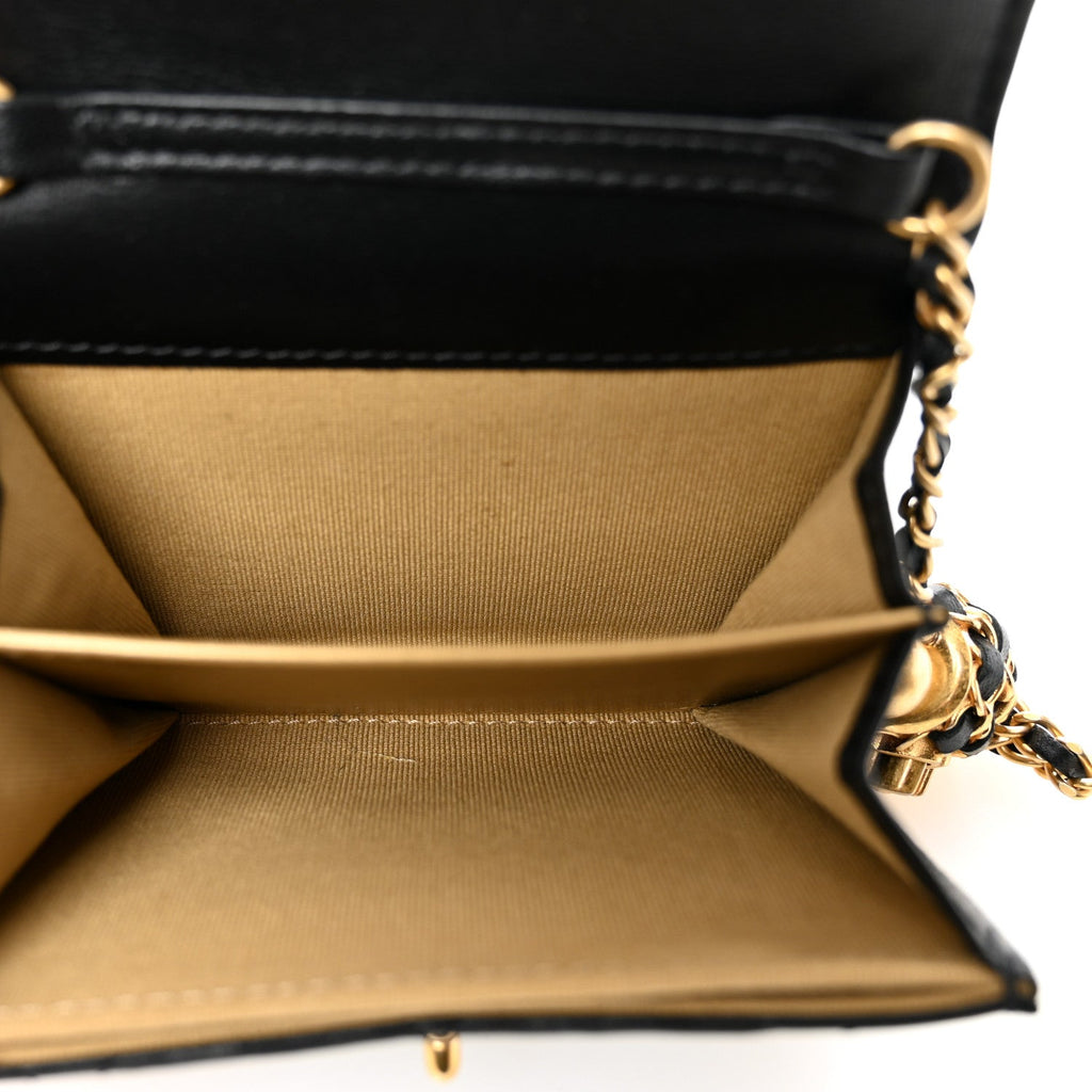 Chanel Lambskin Quilted Pearl Crush Card Holder With Chain Black