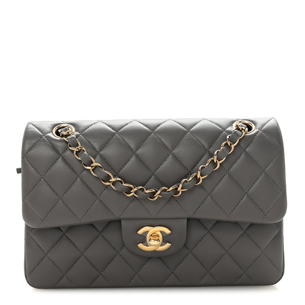 Chanel Lambskin Quilted Small Double Flap Grey