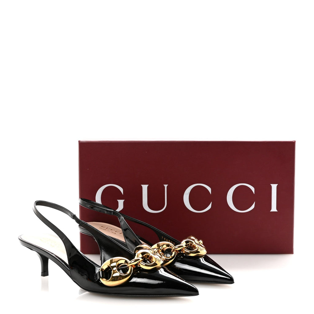 Gucci Vernice Crystal Nappa Charlotte Marina Slingback Pumps 37 Black