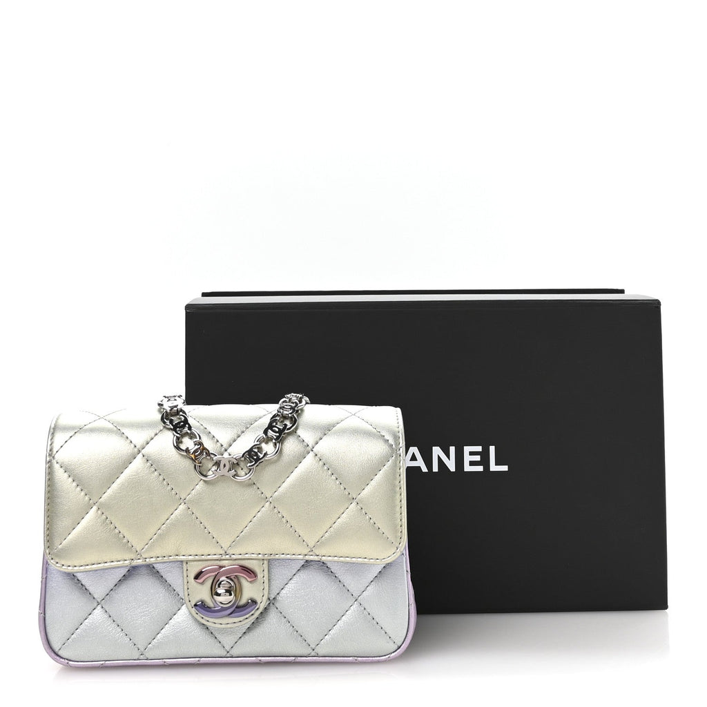 Chanel Gradient Metallic Calfskin Quilted Clutch Silver Blue Yellow Purple