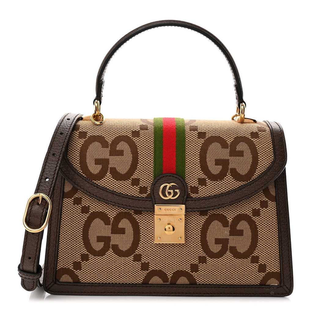 Gucci Monogram Jumbo GG Textured Dollar Calfskin Web Small Ophidia Padlock Top Handle Bag Camel Ebony New Acero