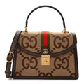 Gucci Monogram Jumbo GG Textured Dollar Calfskin Web Small Ophidia Padlock Top Handle Bag Camel Ebony New Acero