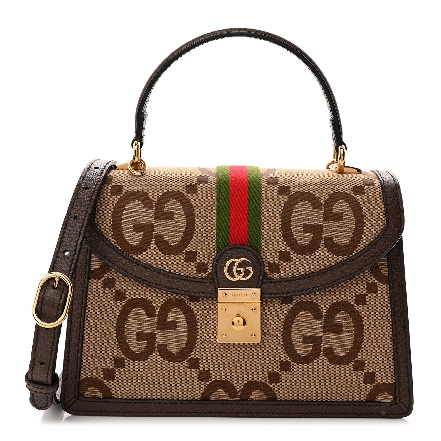 Gucci Monogram Jumbo GG Textured Dollar Calfskin Web Small Ophidia Padlock Top Handle Bag Camel Ebony New Acero