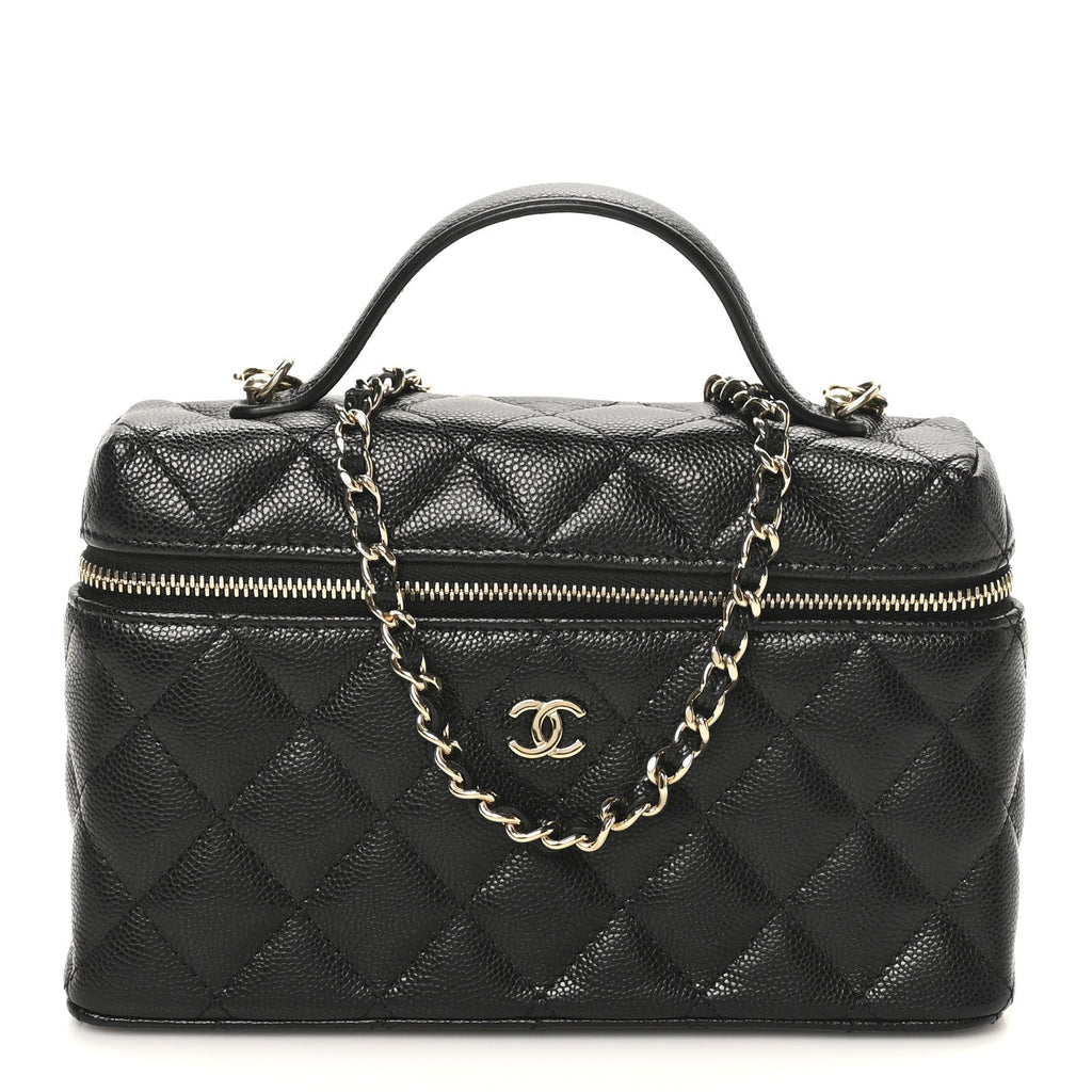 Chanel Caviar Quilted Top Handle Slim Vanity With Chain Black