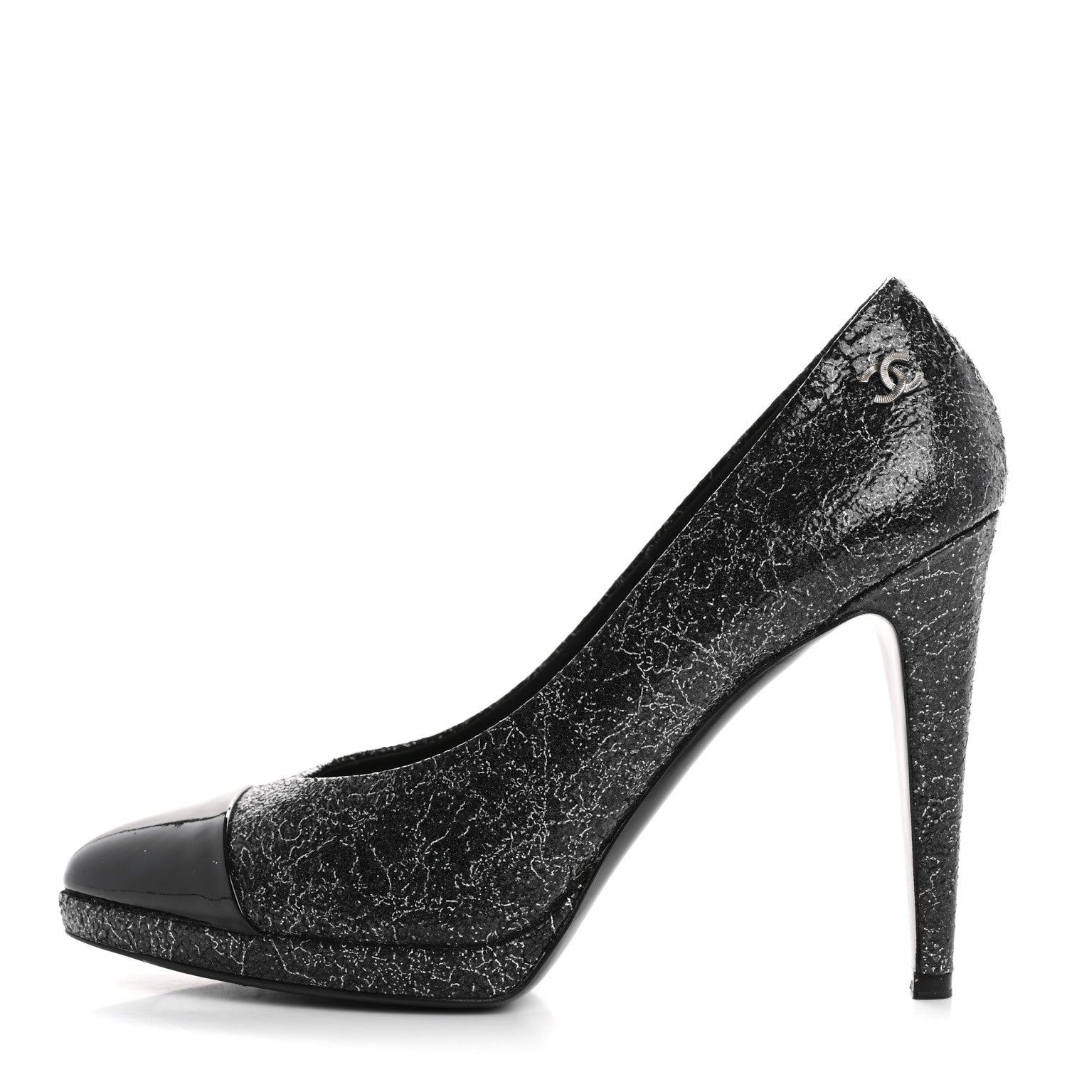 Metallic Crackled Calfskin Patent Cap Toe Pumps 41 Silver Black