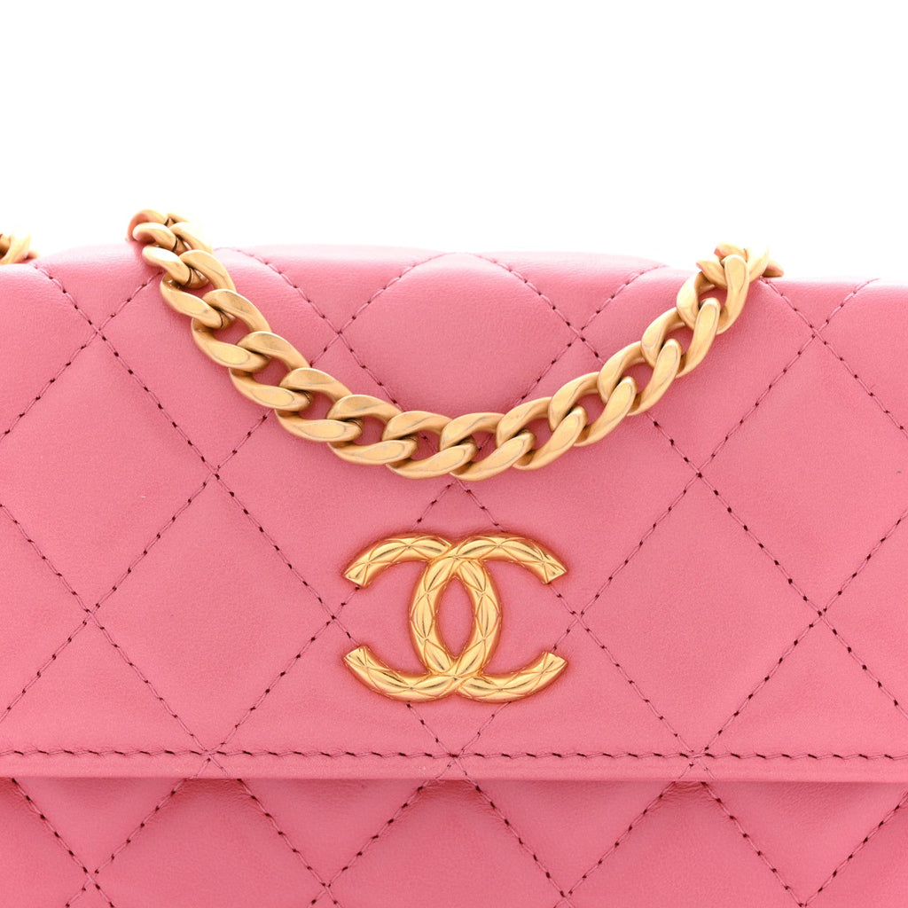 Chanel Lambskin Quilted Pillow Crush Flap Phone Holder With Chain Pink