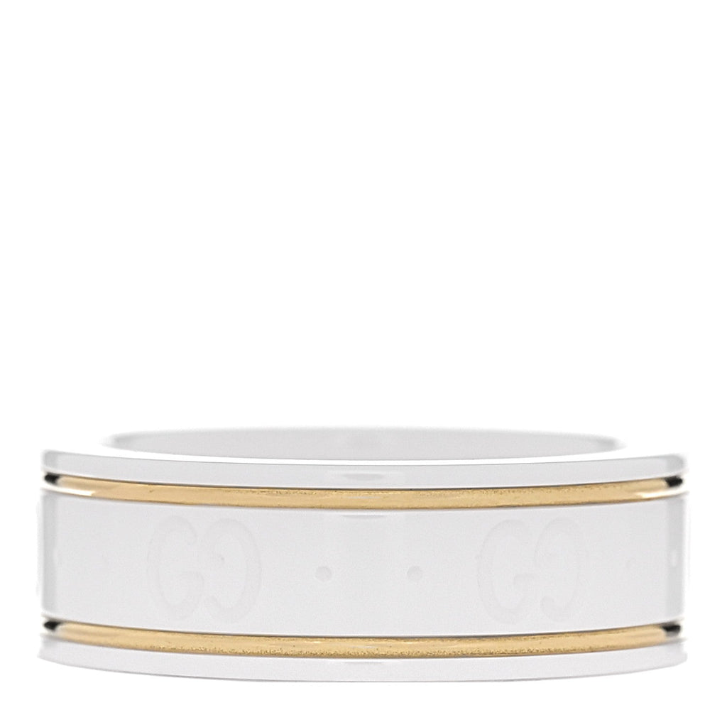 Gucci 18K Yellow Gold Zirconia 7mm Icon Band Ring 53 6.5 White
