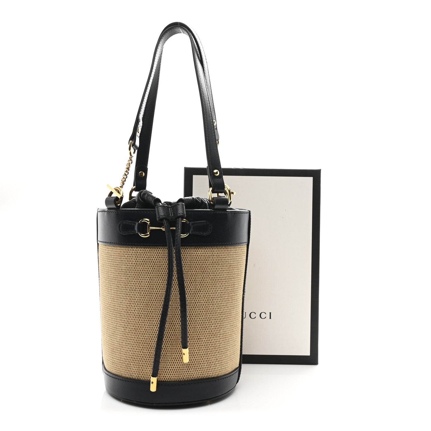 Gucci Canvas Calfskin Small Horsebit 1955 Drawstring Bucket Bag Natural Black