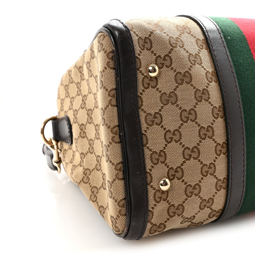 Gucci Monogram Selleria Calfskin Vintage Web Medium Boston Beige Ebony Cocoa