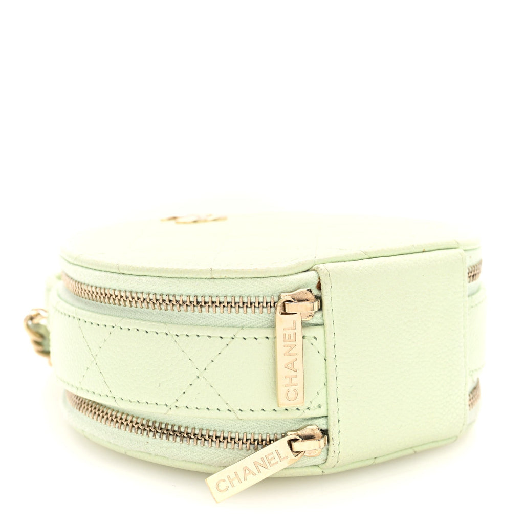 Chanel Caviar Quilted Round Handle With Care Vanity With Chain Light Green