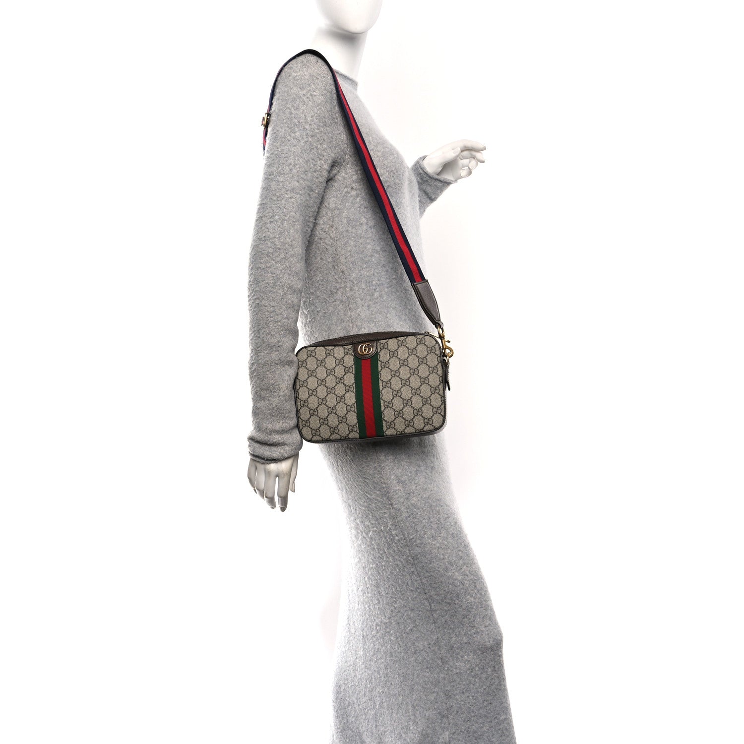 Gucci GG Supreme Monogram Textured Dollar Calfskin Web Ophidia Wristlet Shoulder Bag Beige Ebony New Acero