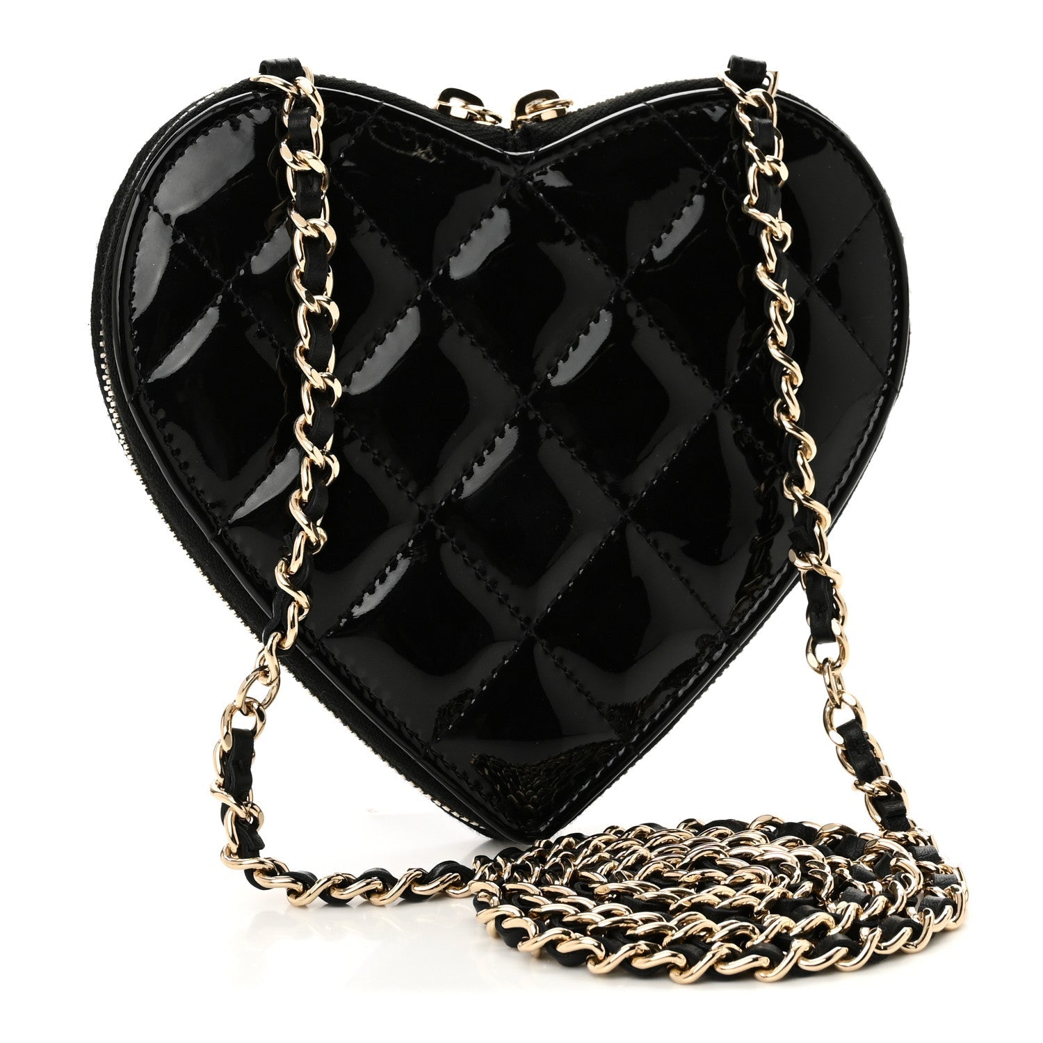 Chanel Patent Calfskin Resin Quilted CC Heart Clutch With Chain Black