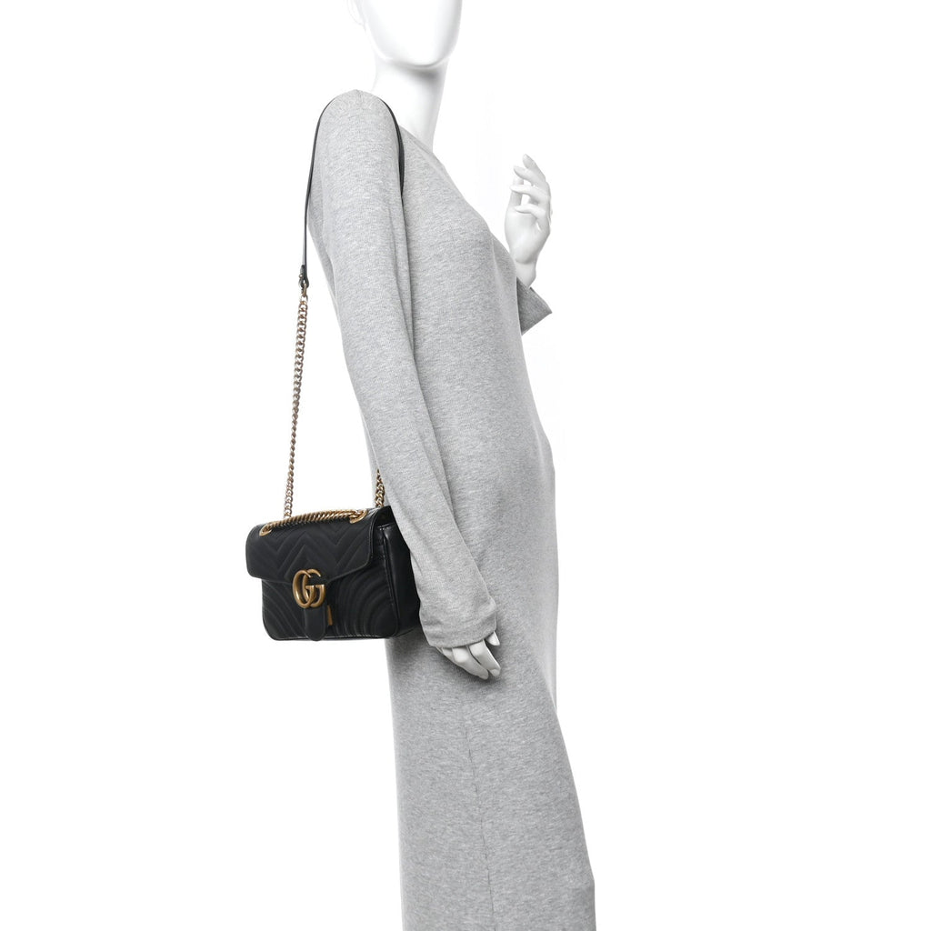 Gucci Calfskin Matelasse Small GG Marmont Shoulder Bag Black