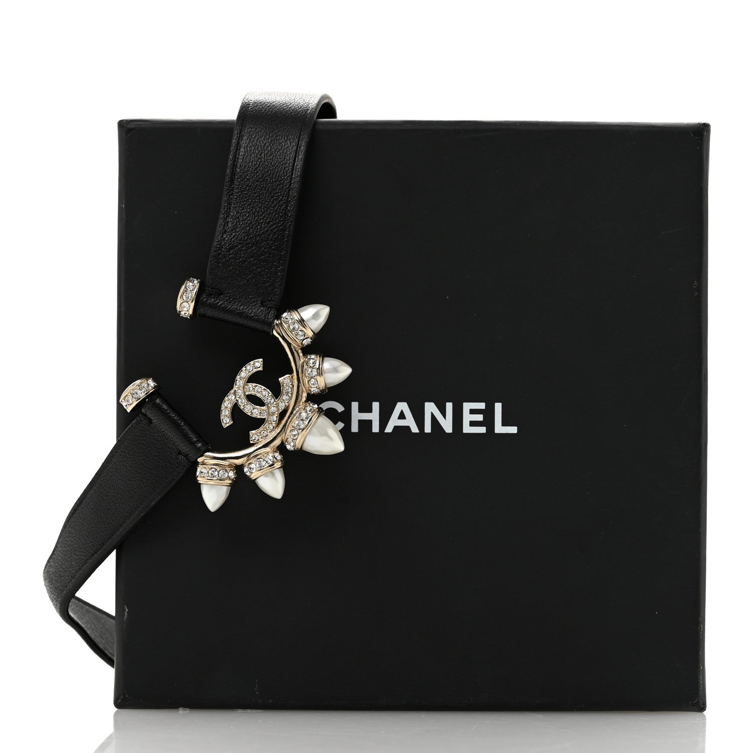 Lambskin Spike Pearl Crystal CC Choker Black