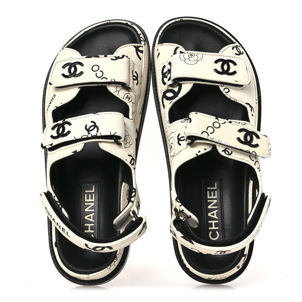 Lambskin Printed CC Velcro Dad Sandals 37.5 White Black