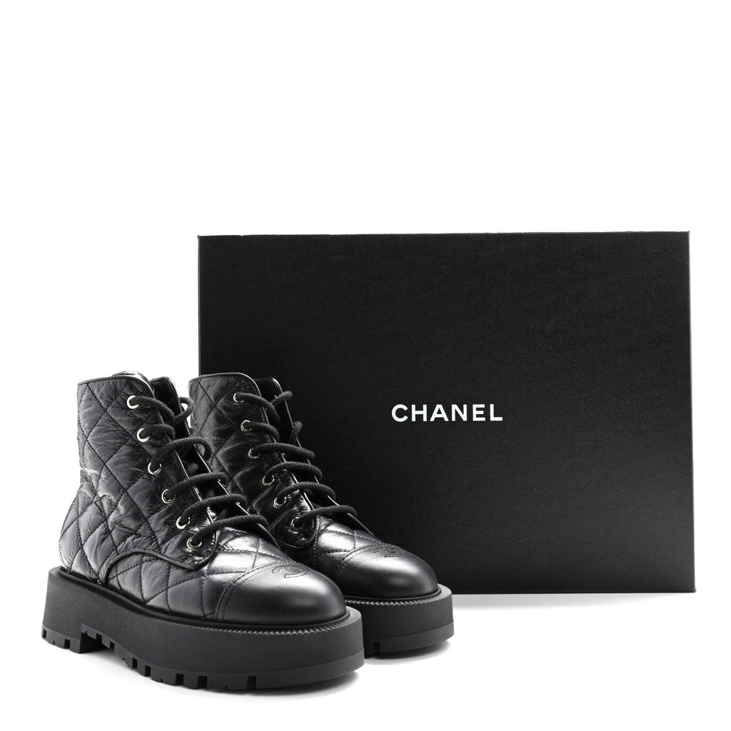 Crumpled Lambskin Quilted Platform Lace Up Combat Boots 39 Black