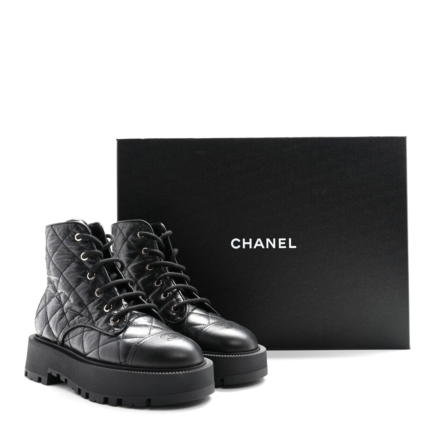 Crumpled Lambskin Quilted Platform Lace Up Combat Boots 39 Black