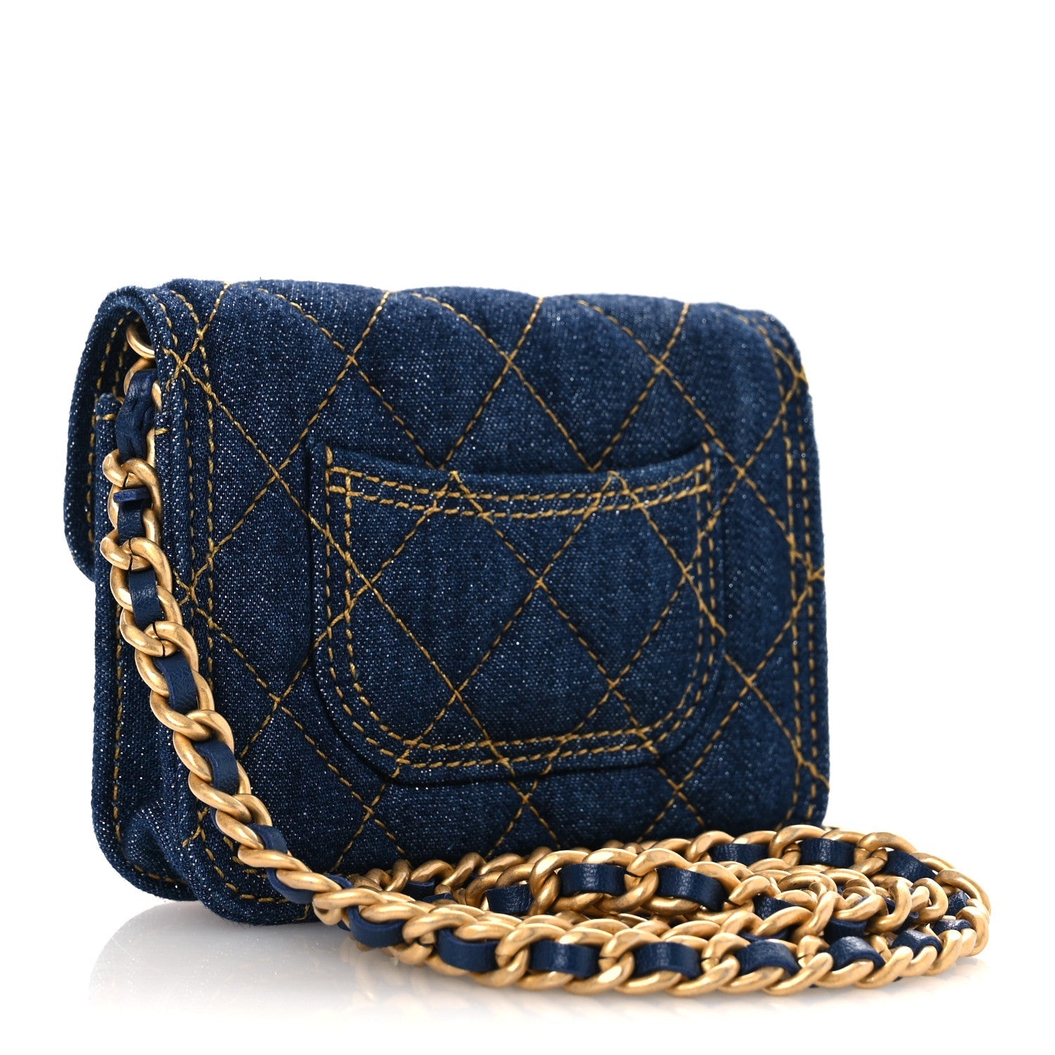 Chanel Denim Quilted Double You Card Holder On Chain Blue