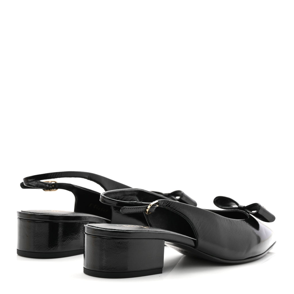 Crumpled Patent Calfskin CC Bow Slingback Pumps 37.5 Black